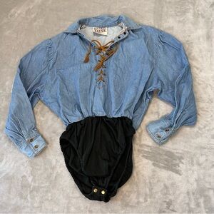 Vintage Denim Bodysuit Women M Renaissance Ren Fair Larping Western Neutral Zone